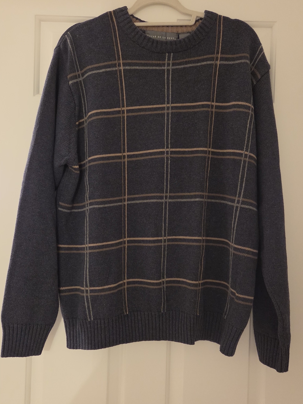Oscar de la Renta Cotton Navy Crewneck Sweater with Tan Windowpane Mens XL